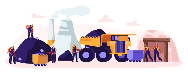 Minería del carbón. Personajes mineros trabajando en cantera con herramientas, transporte y técnica. Industria extractora. Equipo de Trabajo Transporte Infografías Técnicas Edificios Dibujos Animados Vector Plano Ilustración — Archivo Imágenes Vectoriales