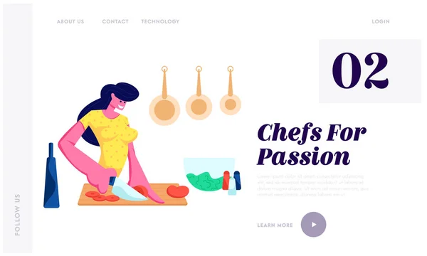 Frau Gemüse hacken Kochen in der Küche zu Hause Zubereitung leckeres und gesundes Essen für Dating oder Abendessen, Freizeit. Website Landing Page, Webseite. Cartoon flache Vektorillustration, Banner — Stockvektor