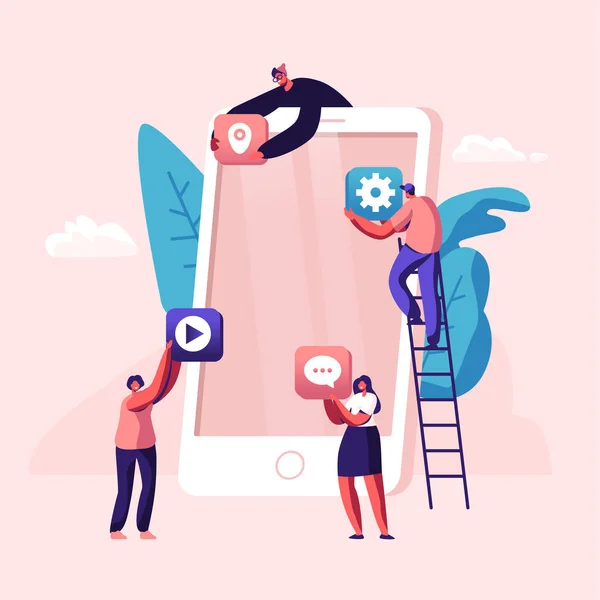 Business People Creative Team Mettere le icone delle app sullo schermo enorme dello smartphone in piedi sulla scala. I progettisti sviluppano applicazioni per dispositivi mobili, lavoro di squadra, processo di lavoro occupato. Illustrazione del vettore piatto del fumetto — Vettoriale Stock