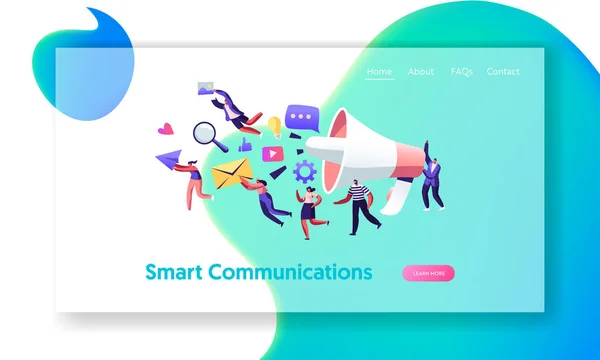 Comunicação, Pr Agência de Marketing Equipe com enorme Megafone, Alerta Publicidade e Mídia Social. Relações Públicas e Assuntos, Website Landing Page, Web Page. Desenhos animados Flat Vector Ilustração, Banner — Vetor de Stock