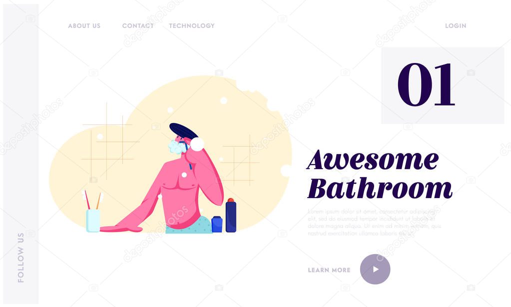 Young Man Shaving in Bathroom Passing Razor for Beard. Morning Hygiene Procedure, Every day Routine, Bathing and Washing. Website Landing Page, Web Page. Cartoon Flat Vector Illustration, Banner