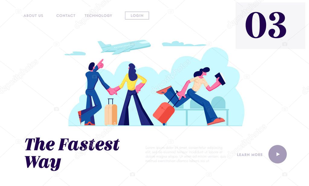 Passengers in Airport Going on Vacation. Couple Waiting Flight in Terminal. Woman Holding Tickets Hurry on Plane, Traveling Website Landing Page, Web Page. Cartoon Flat Vector Illustration, Banner