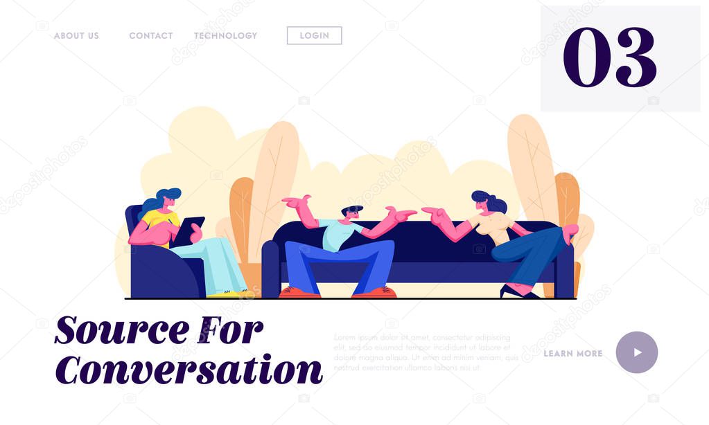 Friends Sit on Couch, Communicating, Relaxing with Gadget at Home. Friendship, Chatting People Conversation Leisure, Sparetime Website Landing Page, Web Page. Cartoon Flat Vector Illustration, Banner