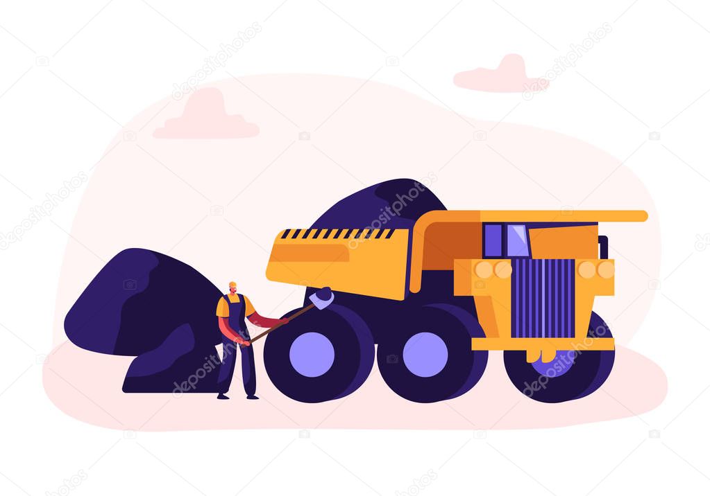 Miner Loading Coal with Shovel into Truck. Quarry Transport and Technique, Extraction Industry. Coal Mining Infographics, Working Equipment, Transportation, Technics. Cartoon Flat Vector Illustration