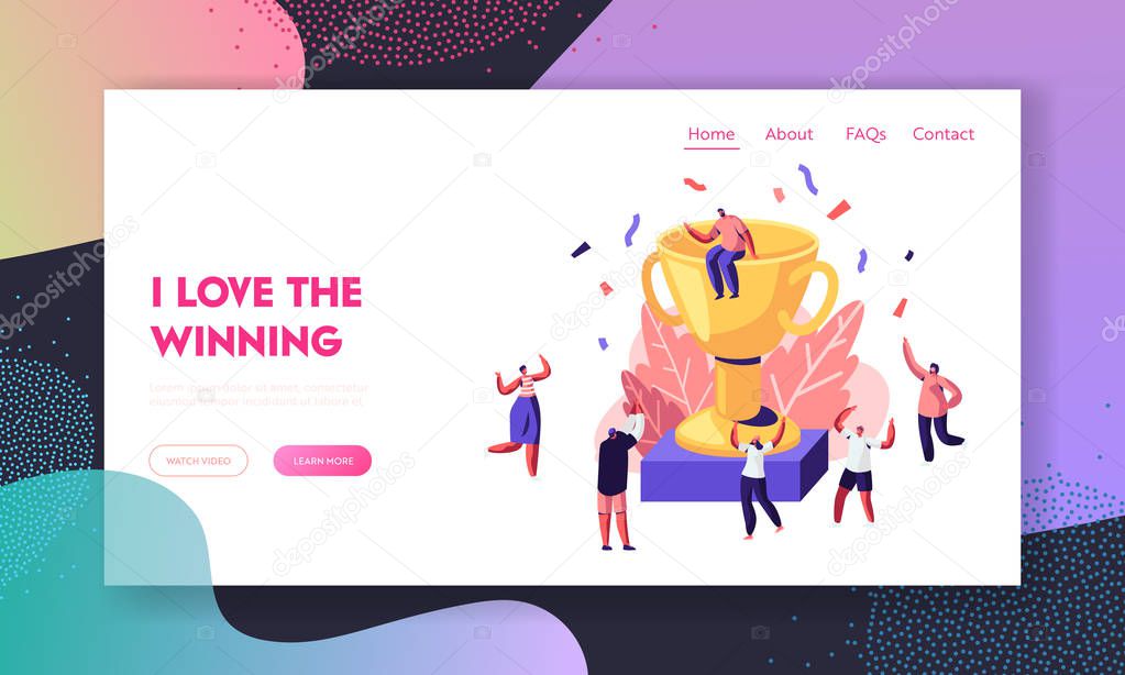 Cheerful People Celebrating with Hands Up around of Huge Gold Cup with Man Sitting on Top. Rejoice New Project, Success, Win Website Landing Page, Web Page. Cartoon Flat Vector Illustration, Banner