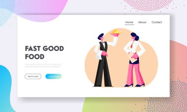 Üniforma Restoran stuff. Yönetici kız ile defter, Man garson Holding tepsi ile Dish altında altın Cloche içinde Cafe