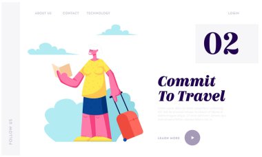 Şehir gezisi, yaşlı kadın yabancı ülkede doğru yolu arama Bagaj Izleme haritası ile kıdemli turist kadın karakter