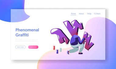 Genç moda giyim püskürtme boya aerosol balon boyama yaratıcı Graffiti Street Wall, sanatçı eylem Web sitesi açılış sayfası, Web sayfası. Karikatür düz vektör Illustration, banner