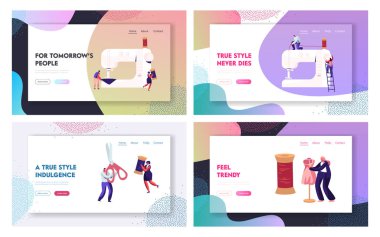 Moda tasarım Web sitesi açılış sayfası seti, dressmakers kıyafet ve Konfeksiyon Dikiş makinesi, yardımcı çalışma manken ile oluşturun. Creative Atelier Web sayfası. Karikatür düz vektör Illustration, banner