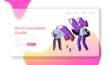Teen Lifestyle, sokak sanatçısı duvar graffiti resim. Genç Insanlar yaratıcı hobi aktivite, boya aerosol Web sitesi açılış sayfası, Web sayfası ile çizim erkekler. Karikatür düz vektör Illustration, banner