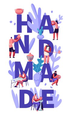 El yapımı konsept. Boyama yapma karakterleri, fırın ve dekorasyon tencere pişirme, toprak, çömlekçilik Atölyesi, poster, afiş, Flyer, broşürde tabak seramik. Karikatür daire vektör Illüstrasyon