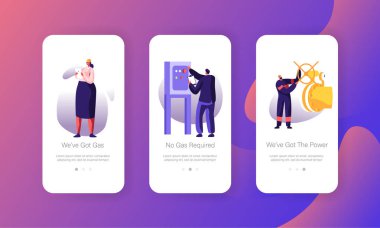 Gaz Sanayi Mobil App Page Onboard Ekran Seti, Fabrikada İşçi Kontrol Boru Hattı, Web Sitesi veya Web Sayfası için Fabrika Kavramı nda Enerji Ekipmanları Kontrol, Karikatür Düz Vektör İllüstrasyon