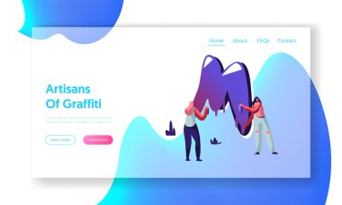 Sokak sanatı grungy stil Web sitesi açılış sayfası, birkaç genç kız yırtık kot boya balonlar, kentsel gençler kültür, Web sayfası ile graffiti resim. Karikatür düz vektör Illustration, banner