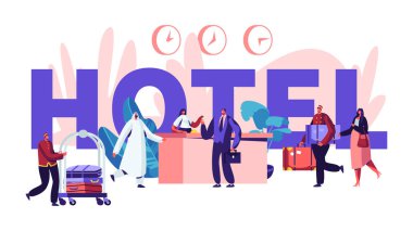 Hotel Concept 'de insanlar. Resepsiyon, Arap ve Avrupa misafirler toplantı ile lobi Iç. Otel poster, afiş, Flyer, broşür gelen karakterler. Karikatür daire vektör Illüstrasyon