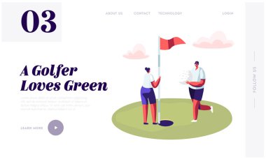Genç golfçüler çift oyun Golf web sitesi açılış sayfası, Man Golf Player koyun topu Hole yeşil kurs, kadın Hold bayrağı, kırsal Golfkulübü Web sayfası, karikatür düz vektör Illustration, banner
