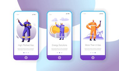 Gas Industry Mobile App Page Onboard Screen Set, Maintenance Service, Gasman Engineering Pipe, Mechanic Adjusting Facility Station, Concept for Website or Web Page, Cartoon Flat Vector Illustration clipart