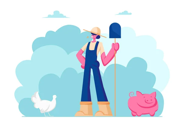 Farm Girl in Working Uniform and Hat Holding Shovel in Hand. Animal Husbandry, Poultry Farming, Natural Eco Production, Organic — Stock Vector