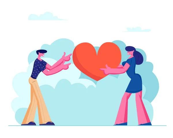 Loving couple aandeel enorme rode hart aan elkaar. Menselijke relaties, liefde, romantische dating. Mannelijke en vrouwelijke karakter tijd doorbrengen — Stockvector