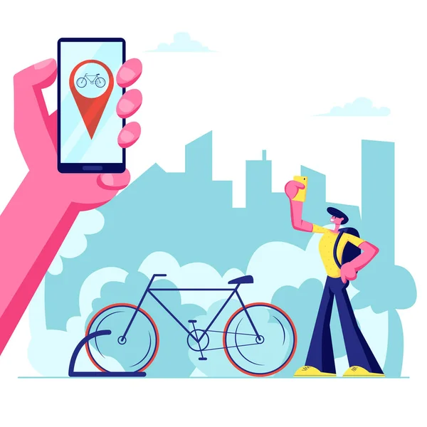Man använder smartphone tillämpning av Bike hyra service söka i Big City. Hand Holding telefon med cykel geografisk plats GPS mark — Stock vektor