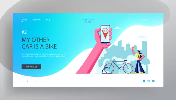 Hombre utilizando la aplicación Smartphone para el servicio de alquiler de bicicletas. Smartphone de mano con geolocalización de gps de bicicleta. Viajar, Deporte — Archivo Imágenes Vectoriales