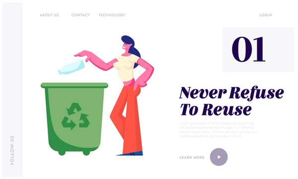 Personaggio femminile che getta spazzatura nel contenitore del cestino con segno di riciclaggio. Protezione dell'ecologia, problema dell'inquinamento della terra — Vettoriale Stock