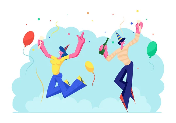 Fête d'anniversaire. Des gens joyeux dans des chapeaux de fête avec bouteille de vin et verre dans les mains Célébration des vacances — Image vectorielle