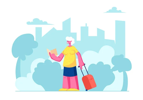 Senior toeristische vrouwelijke karakter met bagage kijken kaart in de stad reis, ouderen reizen vrouw zoeken juiste manier — Stockvector