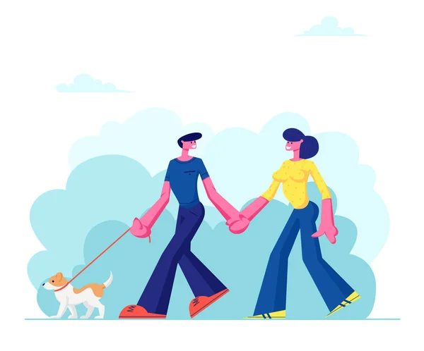 Amante casal andando com cão, segurando as mãos em Public City Park. Pessoas passando tempo com animais de estimação ao ar livre no horário de verão —  Vetores de Stock