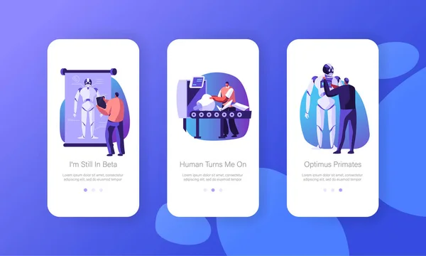 Robótica Hardware e Software Engenharia de Ciência Mobile App Page Onboard Screen Set Development Company Criar Cyborgs em Conceito de Laboratório para Site ou Página Web, Cartoon Flat Vector Illustration — Vetor de Stock