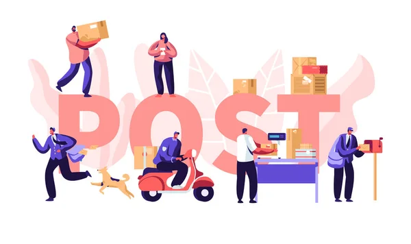 People in Post Office Concept, Postmen Deliver Mail Packages to Customers. Mail Delivery Service, Postage Transportation. Profession. Poster, Banner, Flyer, Brochure. Cartoon Flat Vector Illustration