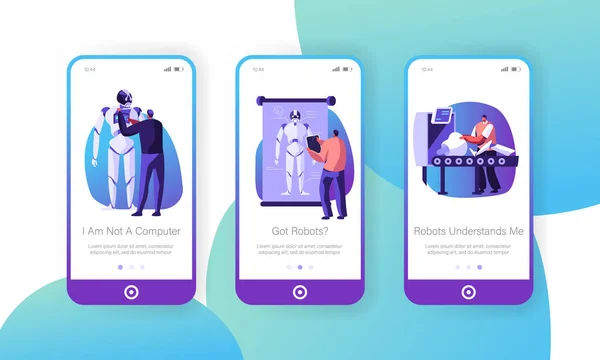 Los científicos crean Cyborgs en la página de la aplicación móvil del laboratorio Conjunto de pantalla a bordo, Robot Creación de etapas Ingeniero de robótica de procesos Desarrolle el concepto para el sitio web o la página web, Ilustración de vectores planos de dibujos animados — Archivo Imágenes Vectoriales