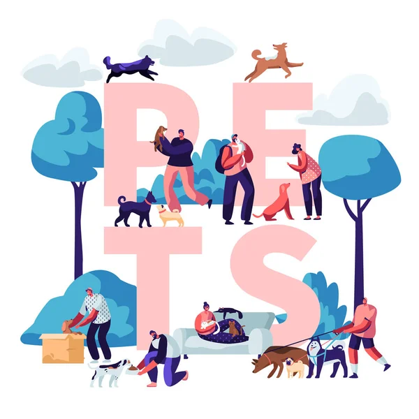 Mensen en huisdieren concept. Mannelijke en vrouwelijke personages lopen met honden en katten buitenshuis, ontspannen, vrije tijd, liefde, verzorging van dieren poster, banner, flyer, brochure. Cartoon platte vector illustratie — Stockvector