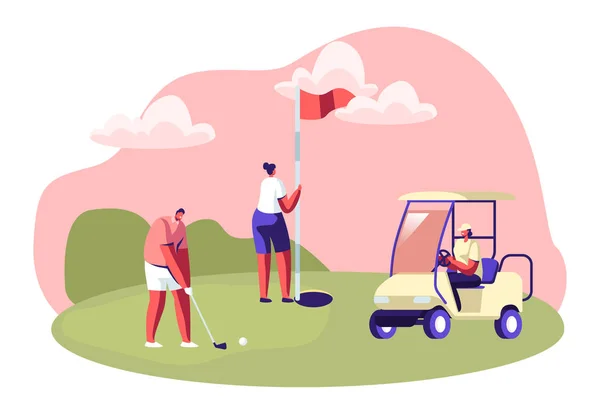 Torneo de golf, gente joven que juega el juego del deporte en curso con la hierba verde, el asta, el agujero, el carro y el equipo profesional, tiempo libre del verano, recreación de lujo, ilustración plana de los vectores de la historieta — Archivo Imágenes Vectoriales