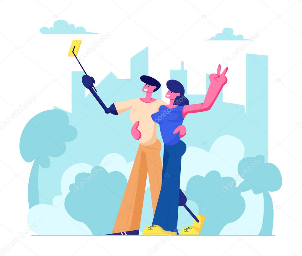 Disabled Man and Woman with Leg and Arm Prosthesis Making Selfie on Cityscape Background, Motivation and Bodypositive Concept
