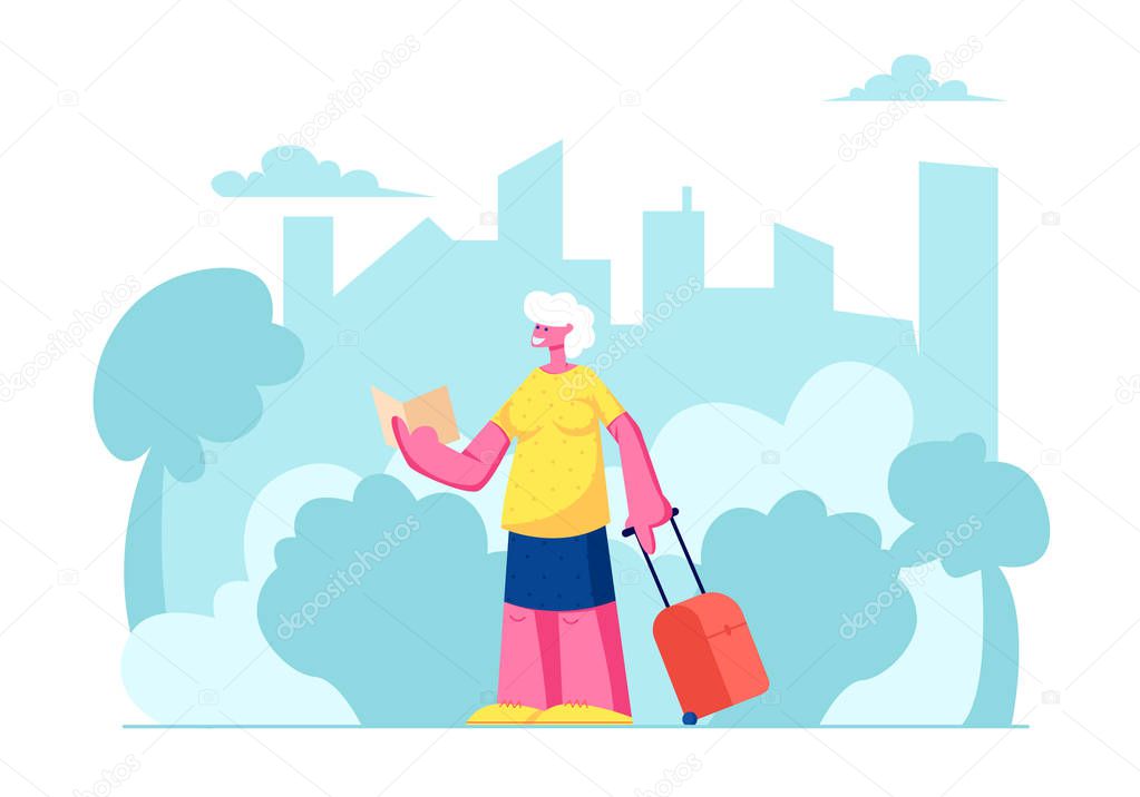 Senior Tourist Female Character with Luggage Watching Map in City Trip, Elderly Traveling Woman Searching Right Way