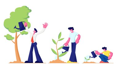 Yaşam Döngüsü, Zaman Çizgisi ve Büyüme Metaforu, Bahçe'de Tohumdan Büyük Bitkiye, Bebek, Küçük Çocuk, Genç Genç ve Yetişkin Adam Sulama Tesislerine Ağacın Evrelerini Büyütün. Karikatür Düz Vektör İllüstrasyon