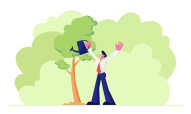 Mutlu Yetişkin İş Adamı Karakter Su Can ile Bahçede Resmi Takım Sulama Ağaçlar Giyen. Yaşam Döngüsü, Zaman Hattı ve Büyüme Metafor, Bahçe Hobi, Başarı. Karikatür Düz Vektör İllüstrasyon