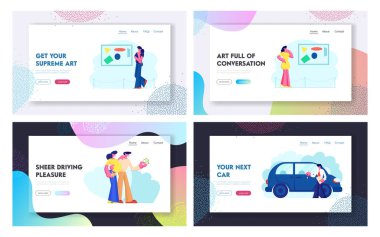 Araba Satış ve Sergi Web Sitesi Açılış Sayfa Seti, Mutlu İnsanlar Salon'da Yeni Otomobil Satın Alıyor, Çağdaş Sanat Galerisi'ni Ziyaret Ediyor. Müze Leisure Web Sayfası. Karikatür Düz Vektör İllüstrasyon, Afiş