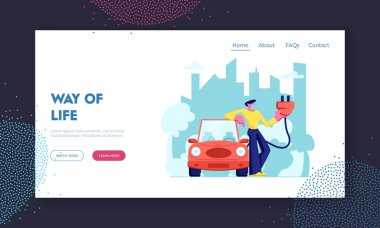 Adam Electrocar Hold Plug in Hands yakınında dur. Şehirde Eko Ulaşım, Ekoloji, Elektro Otomobil, Yeşil Teknoloji, Alternatif Enerji Web Sitesi Açılış Sayfası, Web Sayfası. Karikatür Düz Vektör İllüstrasyon, Afiş