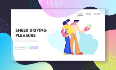 Otomobil Satın Alan Müşteriler Elinde Para Tutuyor. Genç Çift Erkek ve Hamile Kadın Karakterler Yeni Araba Satın Al, Mutlu Satın Alma, Web Sitesi Açılış Sayfası, Web Sayfası. Karikatür Düz Vektör İllüstrasyon, Afiş