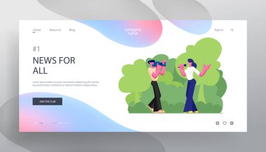 Son Dakika Hot News Web Sitesi Açılış Sayfası, Kameraman ve Muhabir ile Kitle İletişim Tv Yayını. Kamera, Web Sayfası, Karikatür Düz Vektör İllüstrasyon, Banner Konuşma Mikrofon ile Kadın Gazeteci