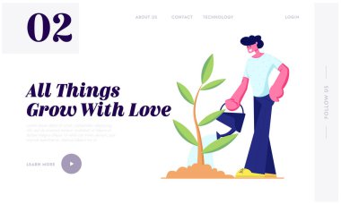 Su ile Bahçede Genç Sulama Fidesi. Yaşam Döngüsü, Zaman Çizgisi ve Büyüme Metaforu, Bahçe Hobi, Bitkilerin Bakımı Web Sitesi Açılış Sayfası, Web Sayfası. Karikatür Düz Vektör İllüstrasyon, Afiş