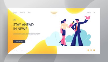 Kadın Gazeteci Man Politics veya İşadamı ile Röportaj Alıyor. Kitle İletişim Haberler, Muhabir Web Sitesi Açılış Sayfası, Web Sayfası ile Tv Yayını. Karikatür Düz Vektör İllüstrasyon, Afiş