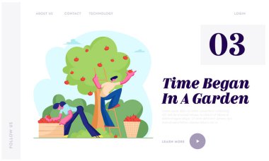 Erkek ve Kadın Çiftçiler Pick Apple Hasat. Karakterler Bahçede Ağaçtan Olgun Meyve Hasat, Ekolojik Sağlıklı Beslenme. Web Sitesi Açılış Sayfası, Web Sayfası. Karikatür Düz Vektör İllüstrasyon, Afiş