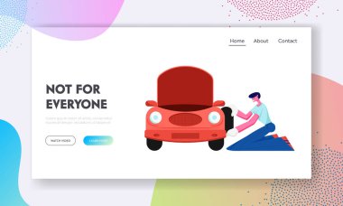 Kontrol ve Bakım Otomatik Web Sitesi Açılış Sayfası, Mekanik veya Sürücü Açık Hood Değişen Yedek Whee ile Broken Car yakın, Şehir Araba Onarım Servisi Web Sayfası. Karikatür Düz Vektör İllüstrasyon, Afiş