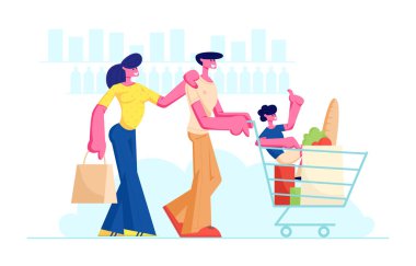 Ürün Sepeti ile Süpermarkette Aile Alışverişi. Baba İtme Arabası Ile Alımları ve Oğlu içinde. Eğlenceli Yaşam Tarzı, Alışveriş Merkezi Karakterler, Dükkanda Ebeveynler ve Çocuk. Karikatür Düz Vektör İllüstrasyon
