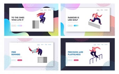 Parkour in City Web Sitesi Açılış Sayfası Seti. Duvarlar ve Engeller, Kentsel Spor, Aktif Yaşam Tarzı, Spor Etkinliği, Sokak Web Sayfasında Tricks Üzerinden Atlama Genç Erkekler. Karikatür Düz Vektör İllüstrasyon, Afiş