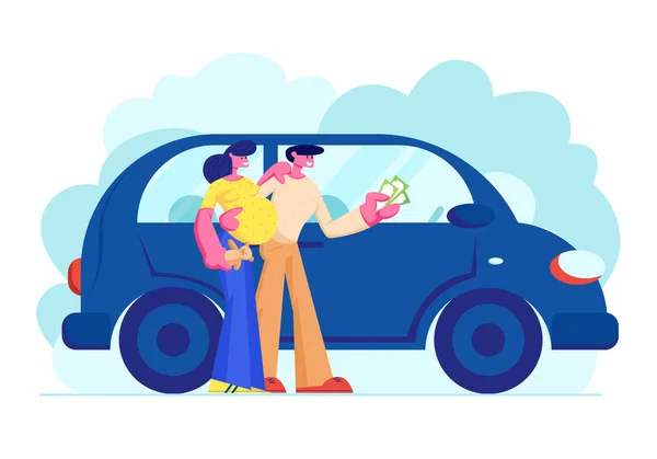 Zákazníci nakupující automobil s penězi v ruce. Mladí rodinní příslušníci muži a těhotné ženy postavy koupit nové auto — Stockový vektor