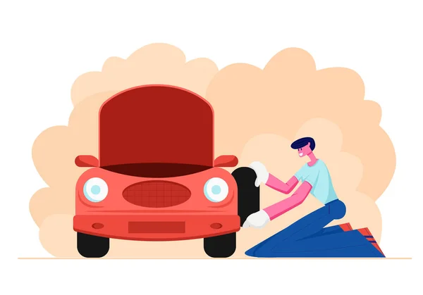 Механік або водій у білих рукавичках стоїть на колінах біля розбитого автомобіля з відкритим капюшоном у руках, перевірка — стоковий вектор