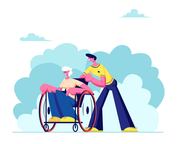 Unga barnbarn tillbringar tid med handikappade mormor utomhus. Socialarbetare vård av sjuka äldre kvinna sitter i rullstol, Familjerelationer, Sjukvård, Medicinsk hjälp. Tecknad platta vektor Illustration — Stock vektor